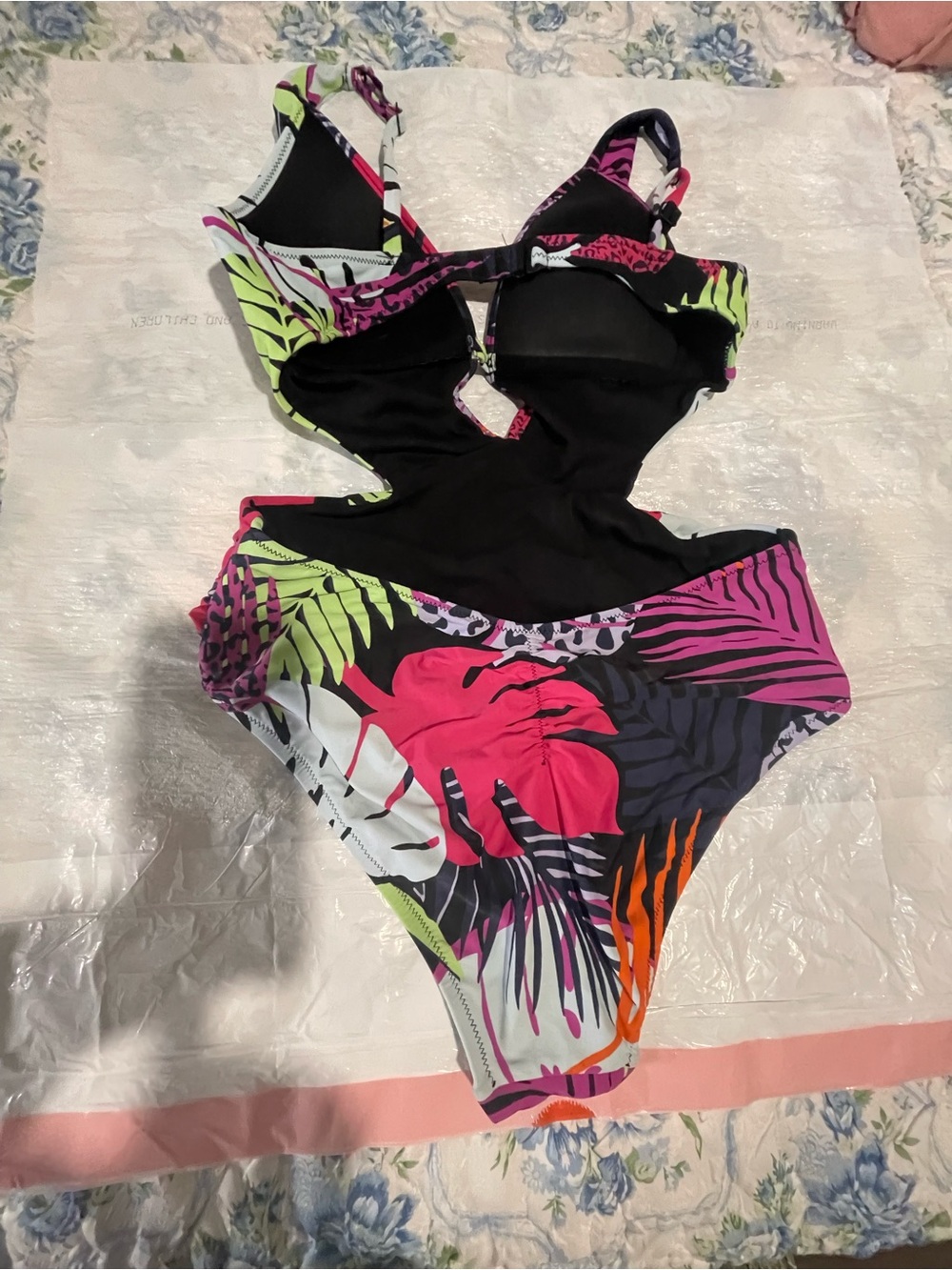 Bar III Tropical Print One-Piece Swimsuit in Pink, Orange, Lime, Black, White - Picture 2 of 5